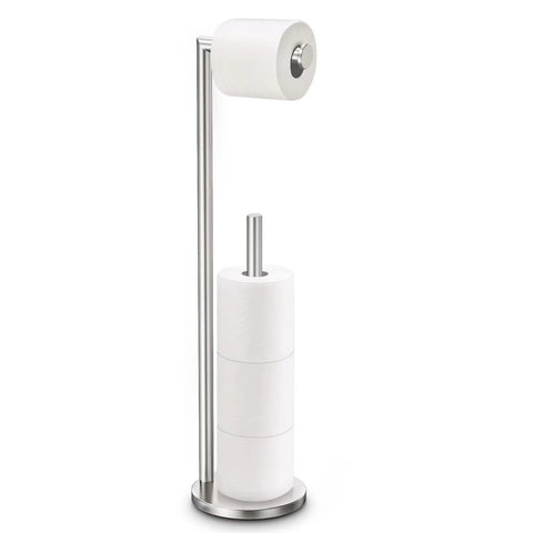 Bathth toilet paper holder stand with brushed nickel, front view, sturdy free-standing design.
