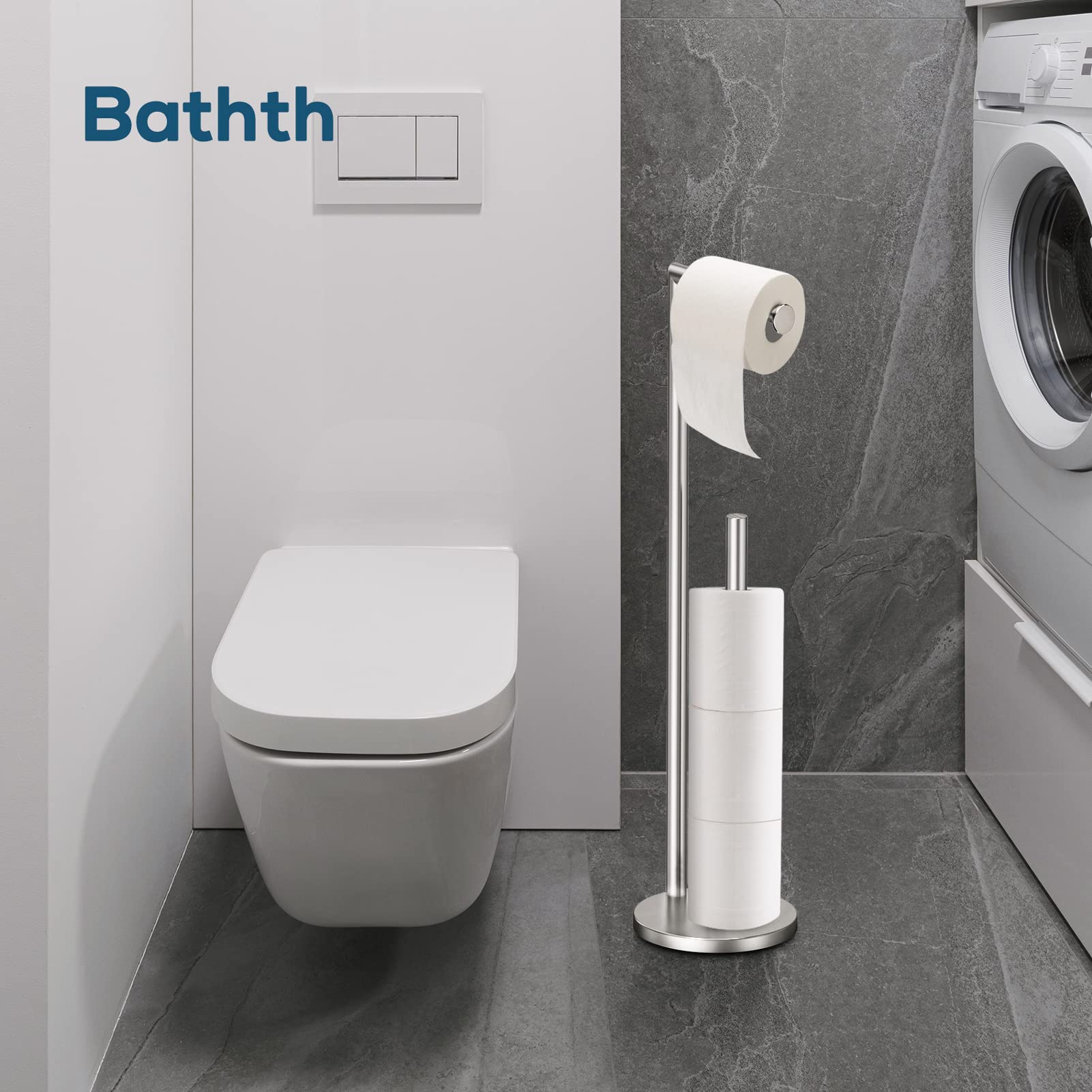 Bathth free-standing holder in bathroom setup, easy to install and keep rolls organized.