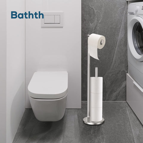 Bathth free-standing holder in bathroom setup, easy to install and keep rolls organized.