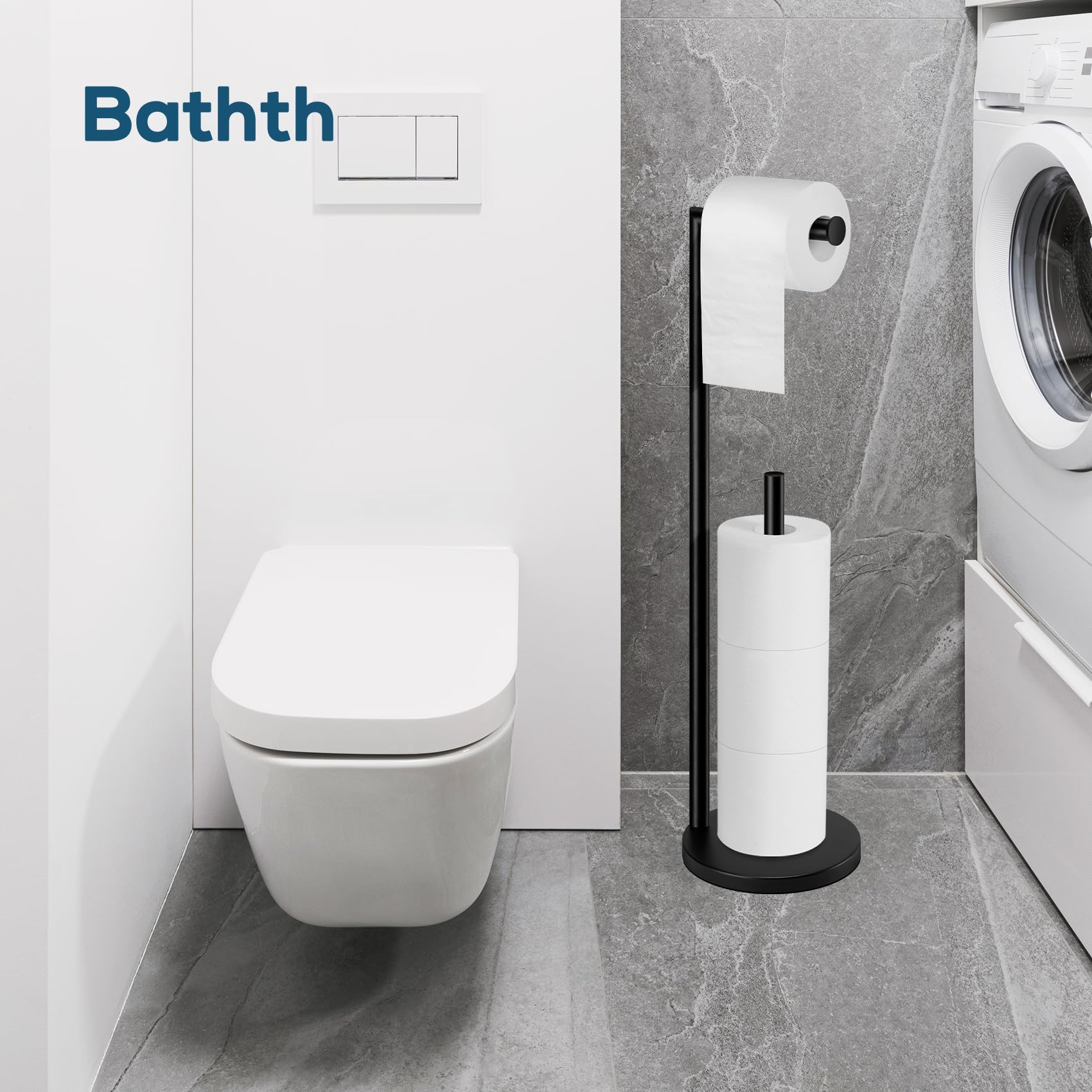 Bathth toilet paper stand black finish delivers a sleek modern look.