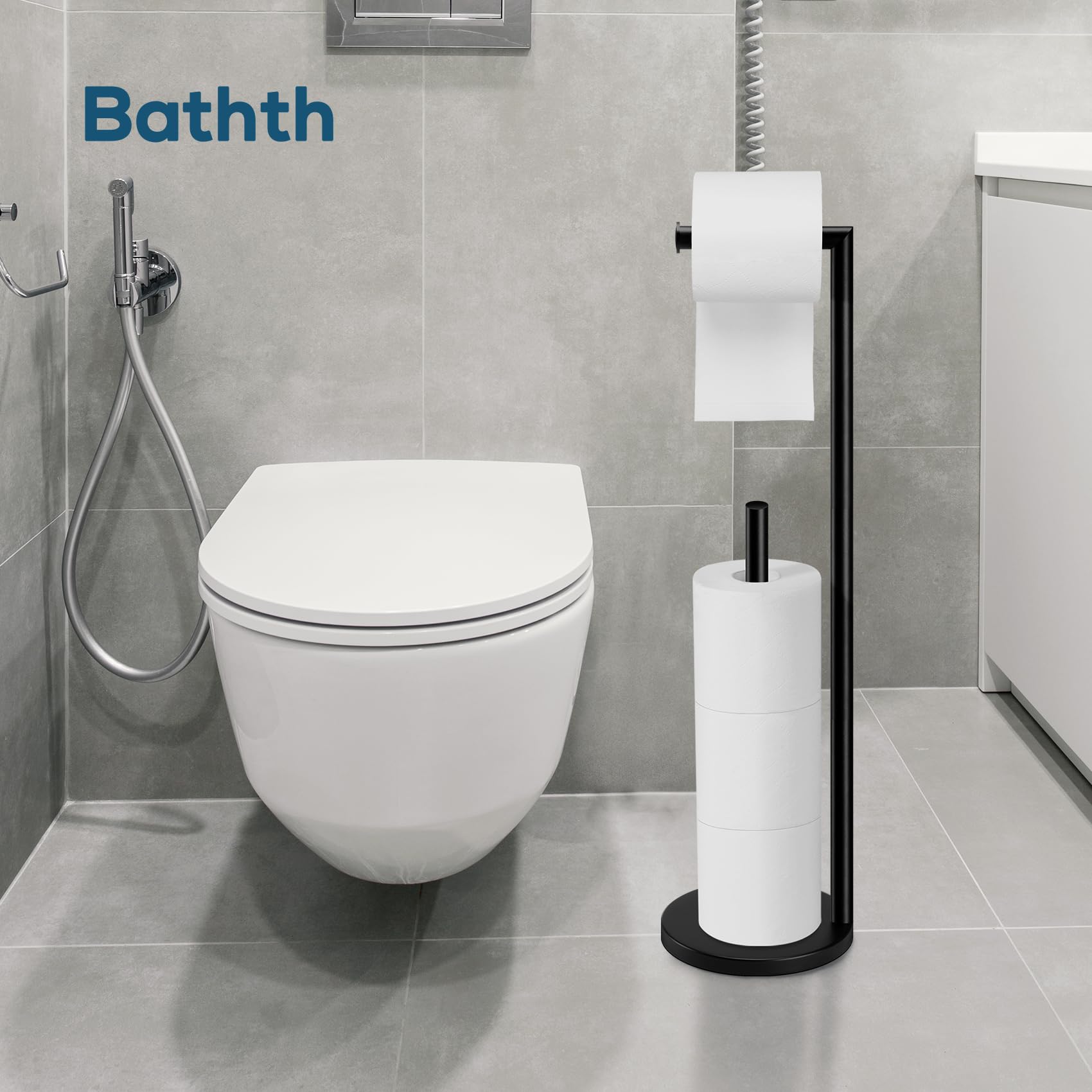 Bathth toilet paper stand dispenses roll for quick access and tidy spare storage.