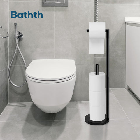 Bathth toilet paper stand dispenses roll for quick access and tidy spare storage.