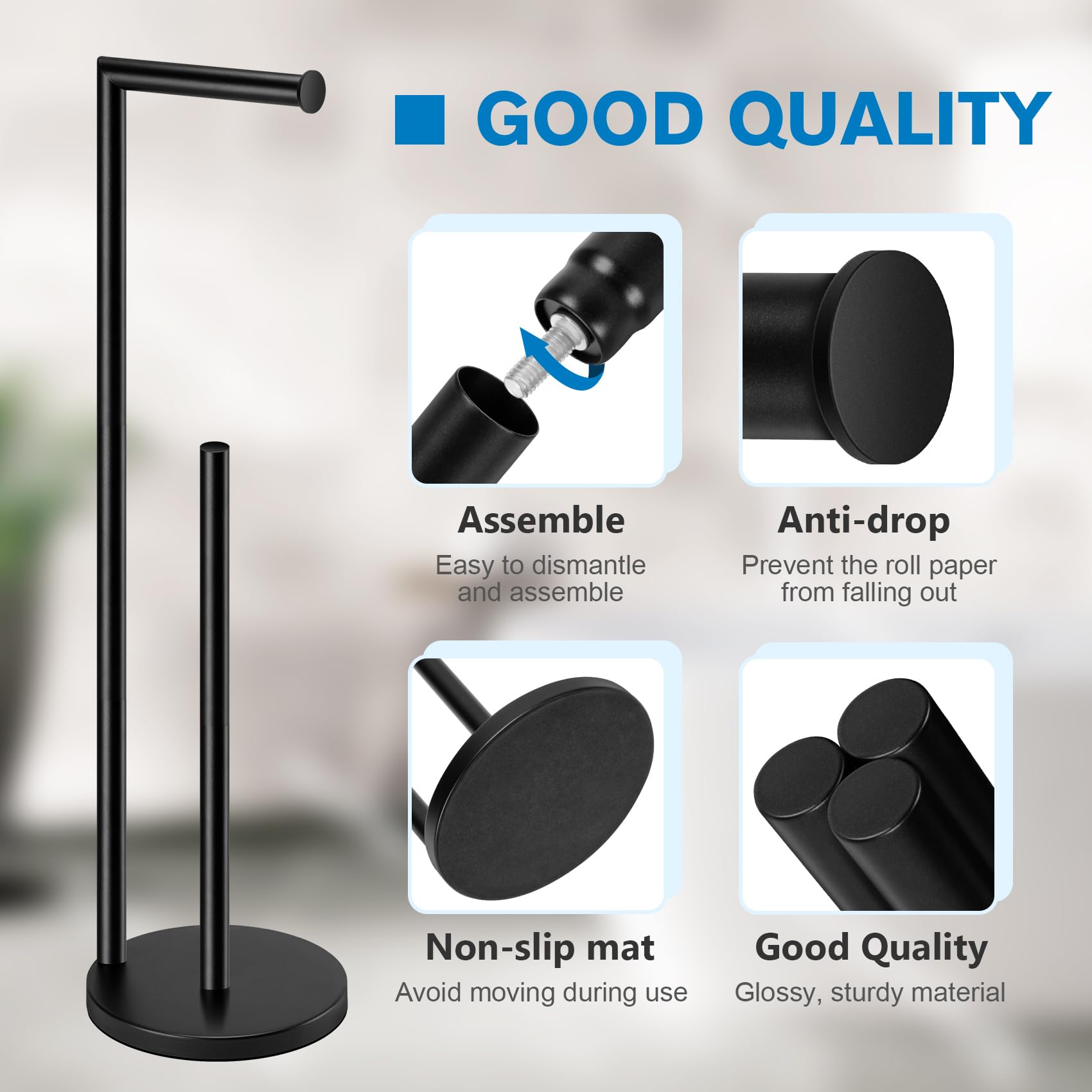 Bathth toilet paper stand free-standing design offers elegance and space saving.