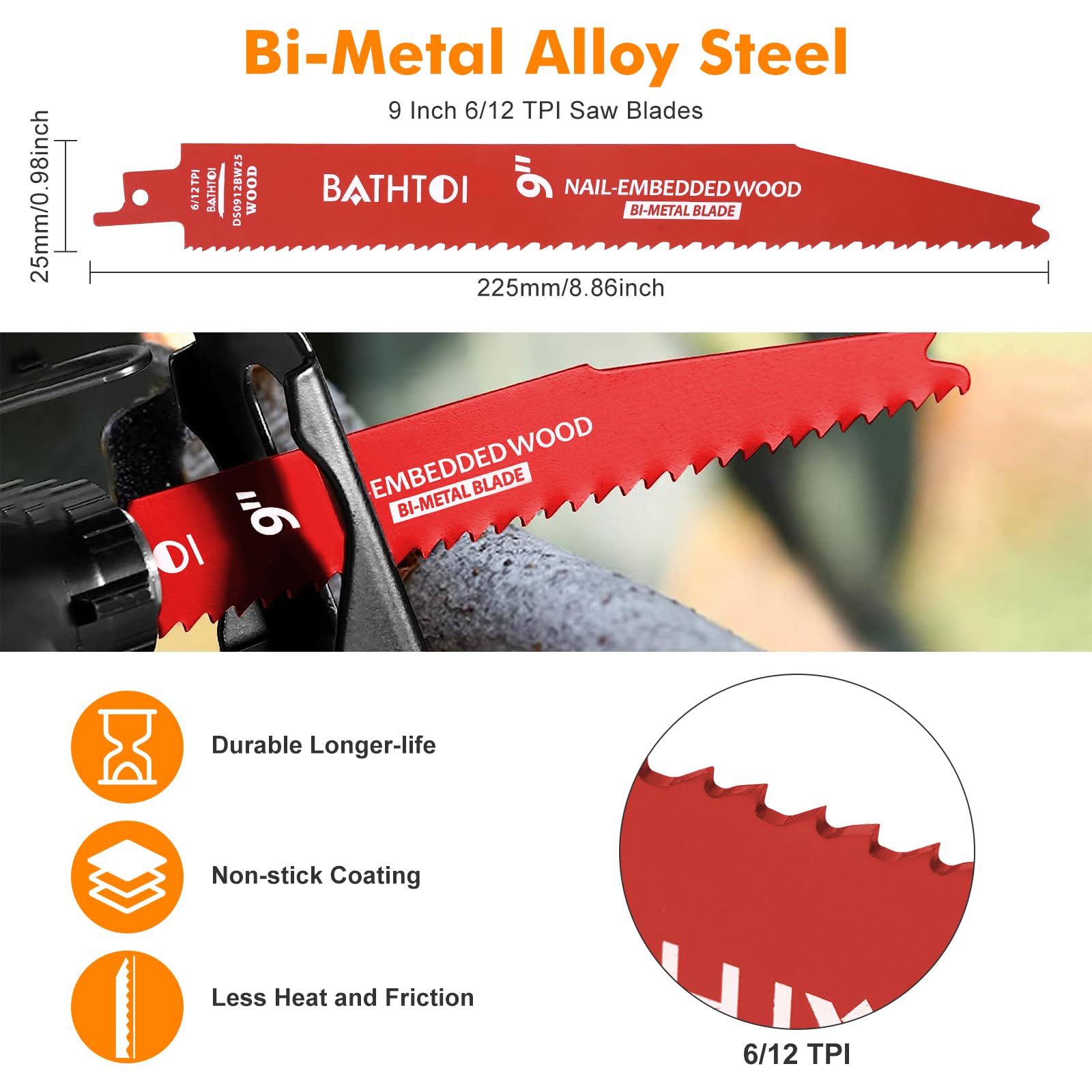 Bathtoi bi-metal blades with 8% cobalt for durability.