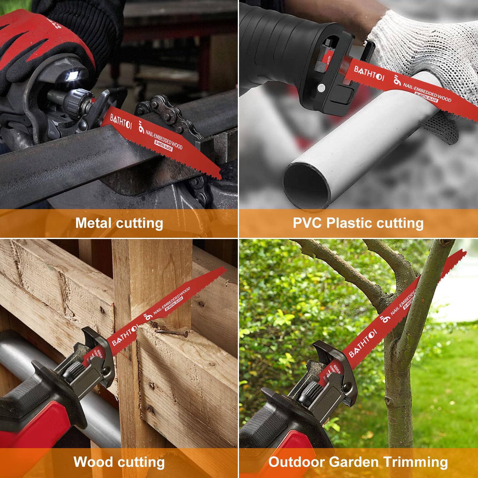 Bathtoi blades cut nailed wood and wood composites effectively.