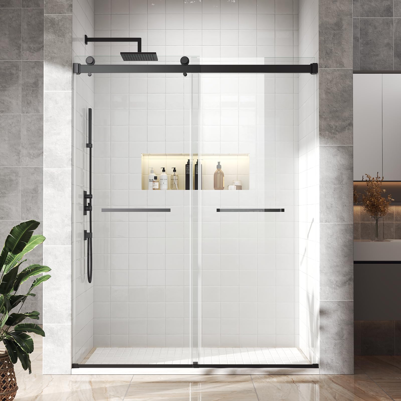 Bathwiller double sliding door glides smoothly for flexible opening