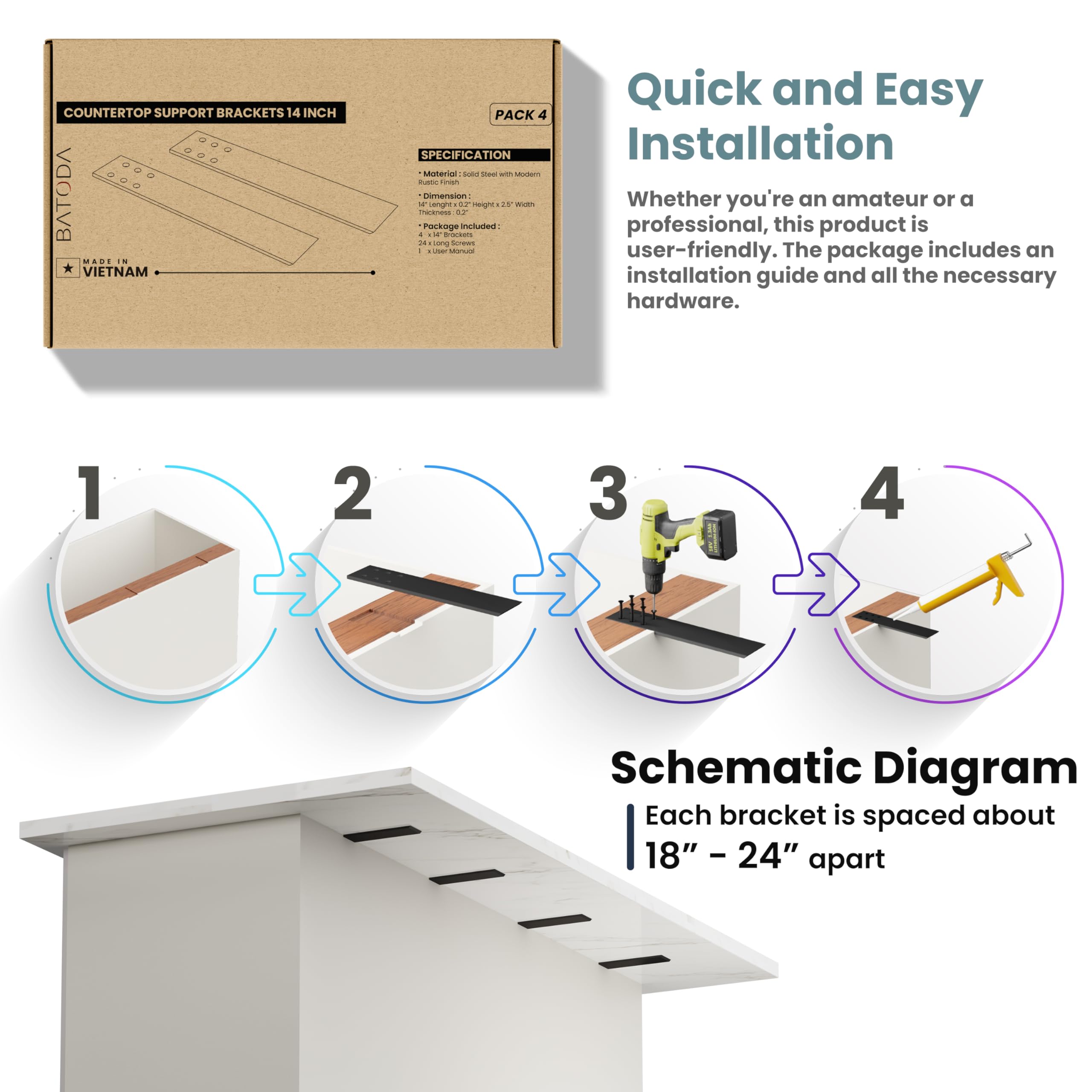 BATODA wall-mounted counter support with 45-degree edge for safer installation.
