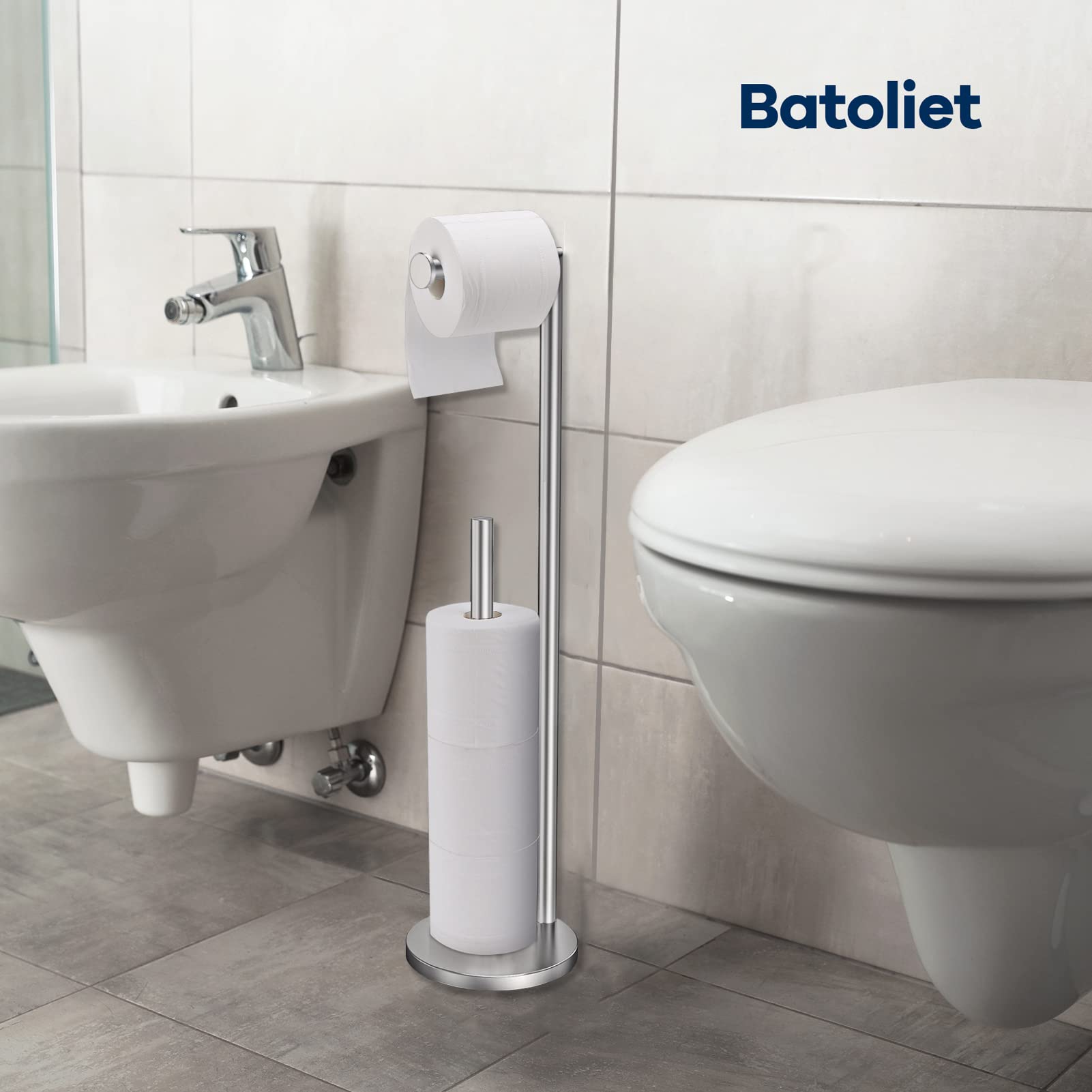 Batoliet brushed nickel free-standing unit in a modern bathroom scene.