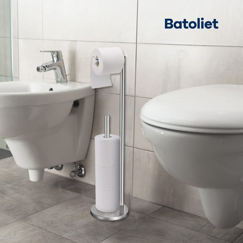 Batoliet brushed nickel free-standing unit in a modern bathroom scene.