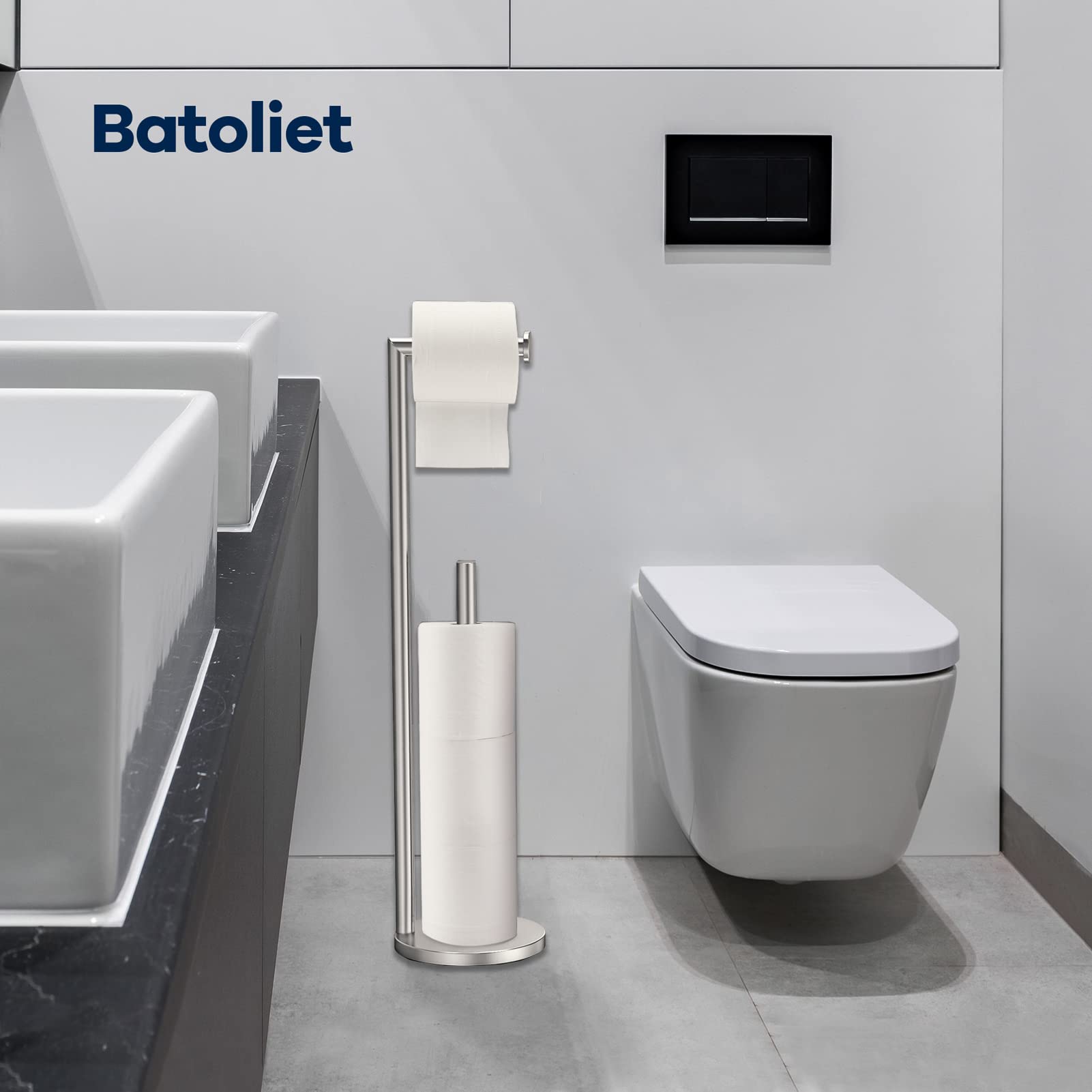 Batoliet brushed nickel storage solution highlighting built-in roll storage and organization.