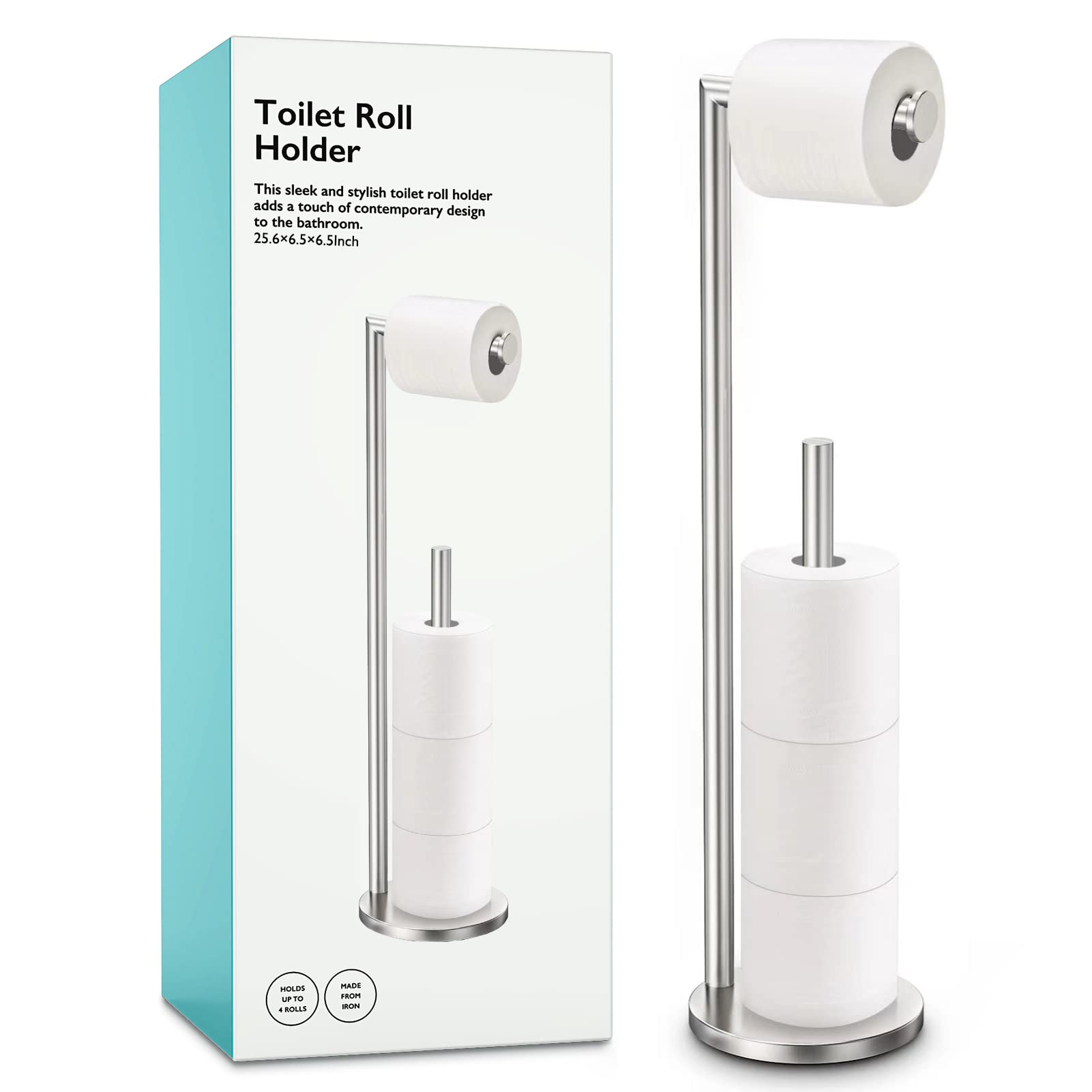Batoliet brushed nickel toilet paper holder stand front view showing sleek design and storage.
