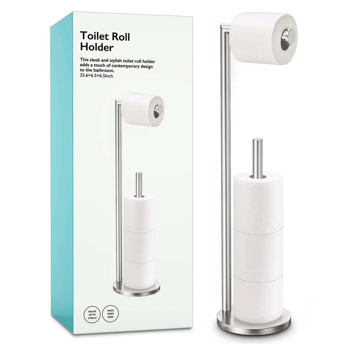 Batoliet brushed nickel toilet paper holder stand front view showing sleek design and storage.