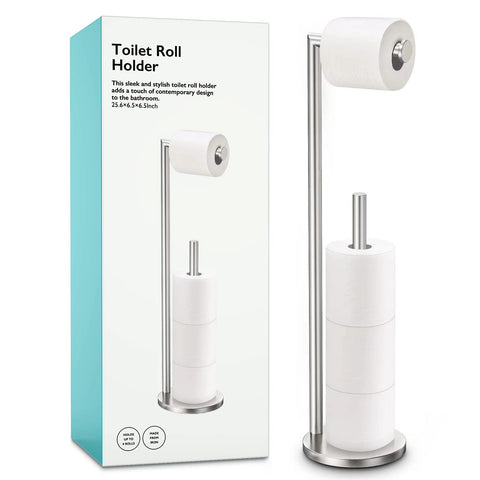 Batoliet brushed nickel toilet paper holder stand front view showing sleek design and storage.