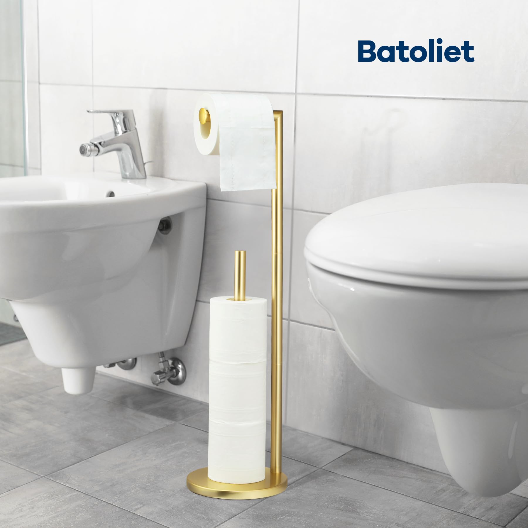 Batoliet stand features a non-slip base for stability on bathroom floors.
