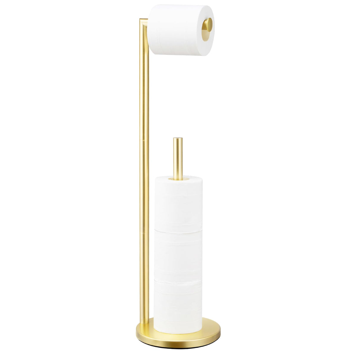 Batoliet gold toilet paper holder stand, front view, showing four-roll capacity and sleek finish.