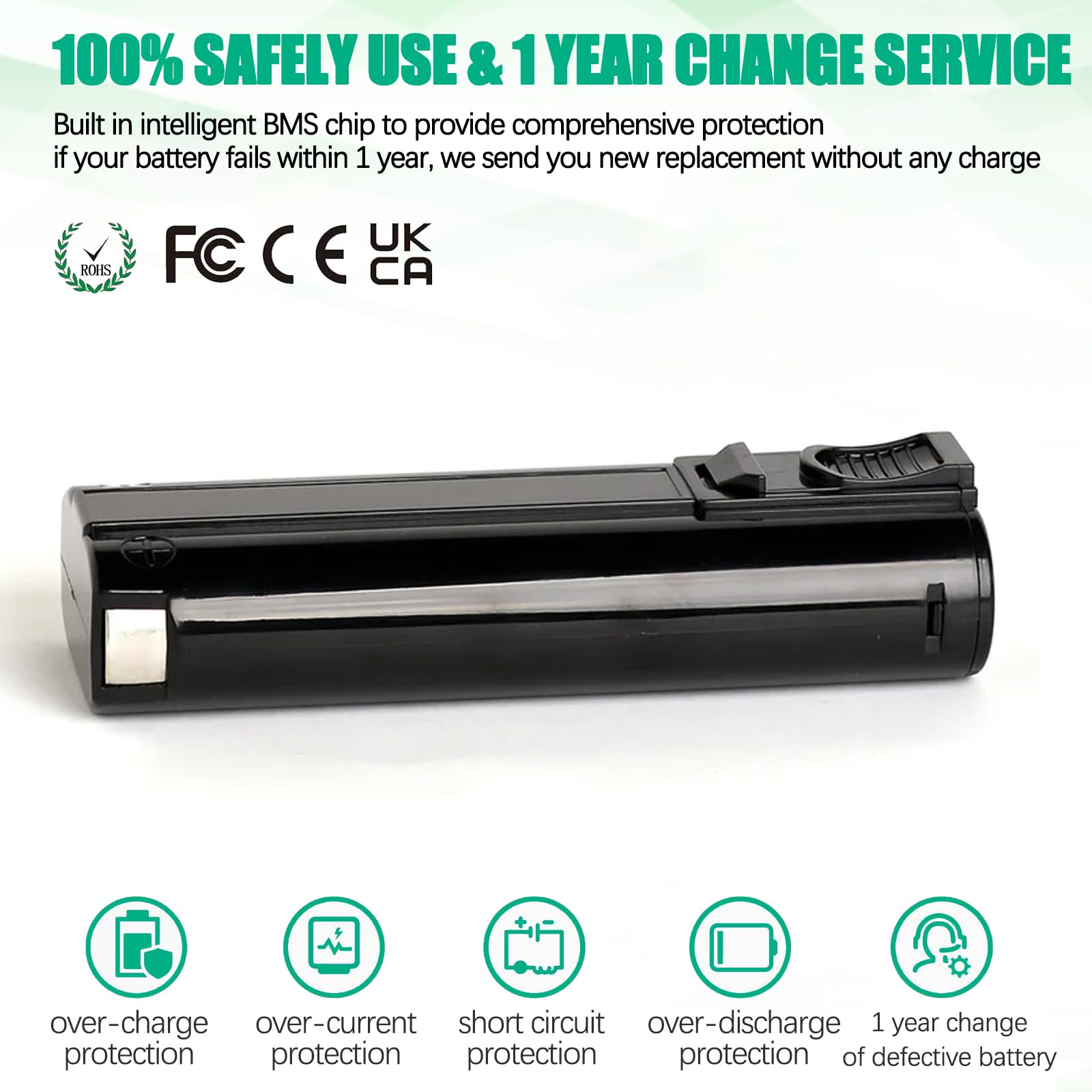 Batryuic Ni-MH battery with smart BMS protection for safe charging.