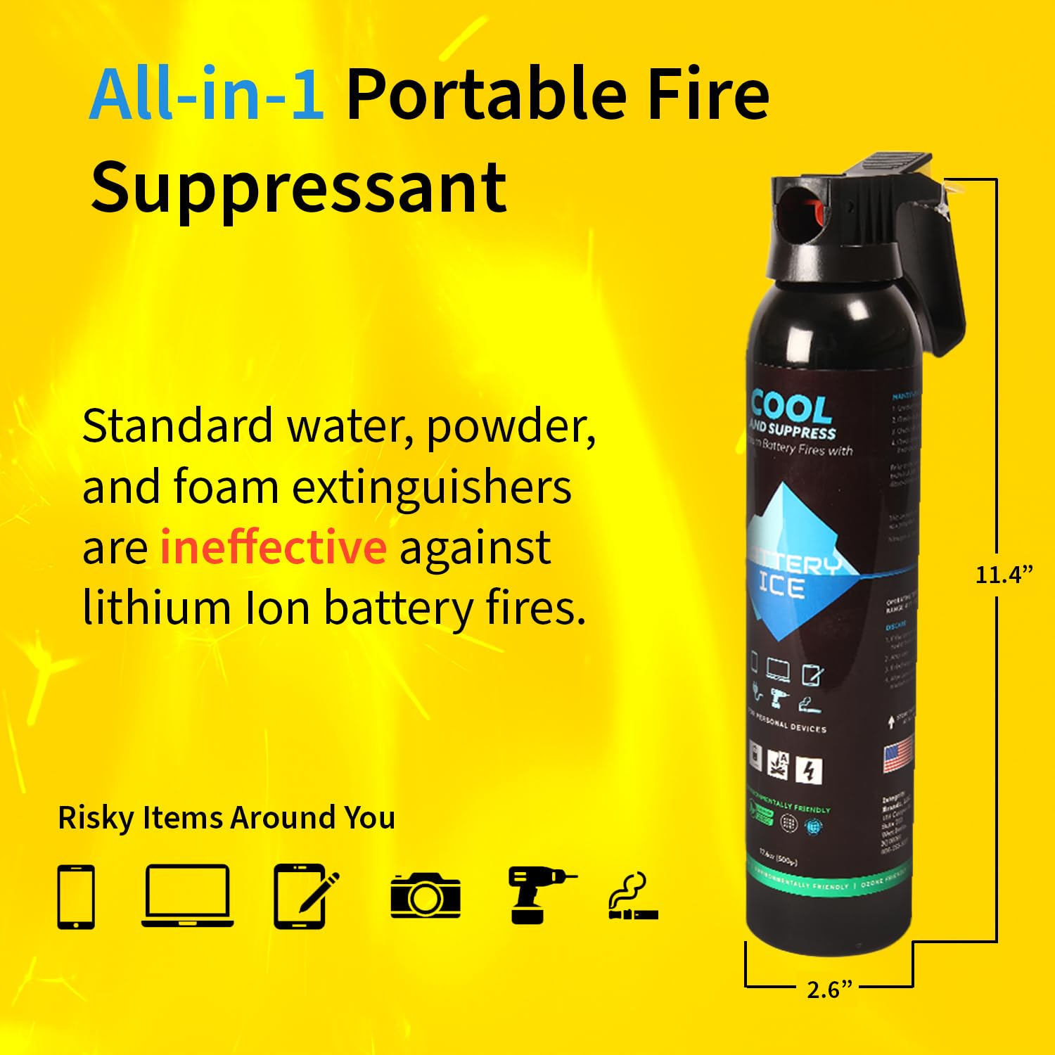 Battery Ice encapsulating barrier cools batteries and prevents re-ignition.