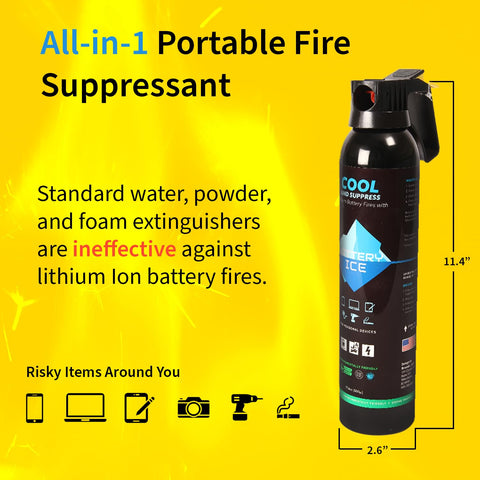 Battery Ice encapsulating barrier cools batteries and prevents re-ignition.