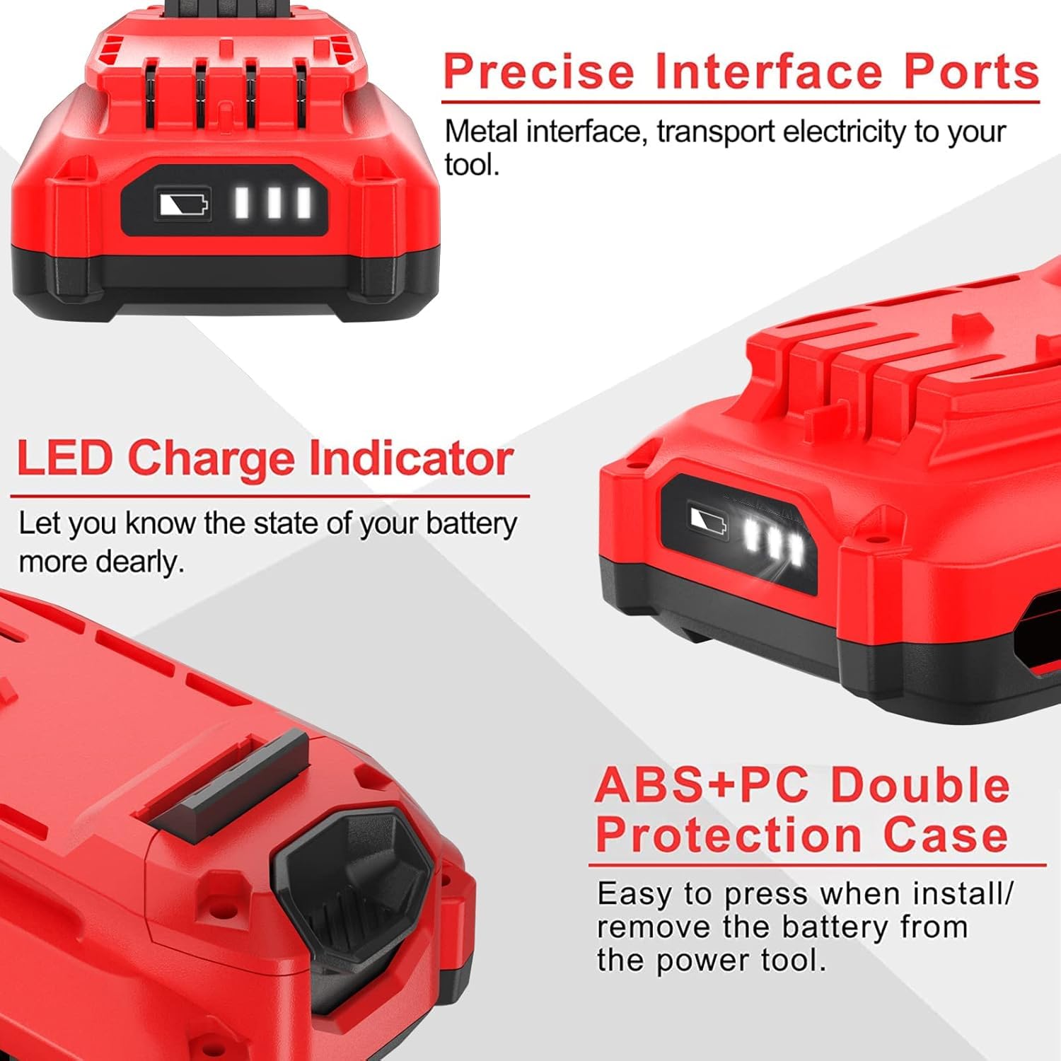 BATTOOL 20V battery with 3 LED indicators shows remaining power