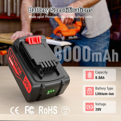 BATTOOL 8000mAh high-capacity battery close-up highlighting extended runtimes.