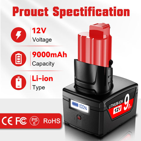 BATTOOL 9000mAh battery provides longer runtime for M12 cordless tools