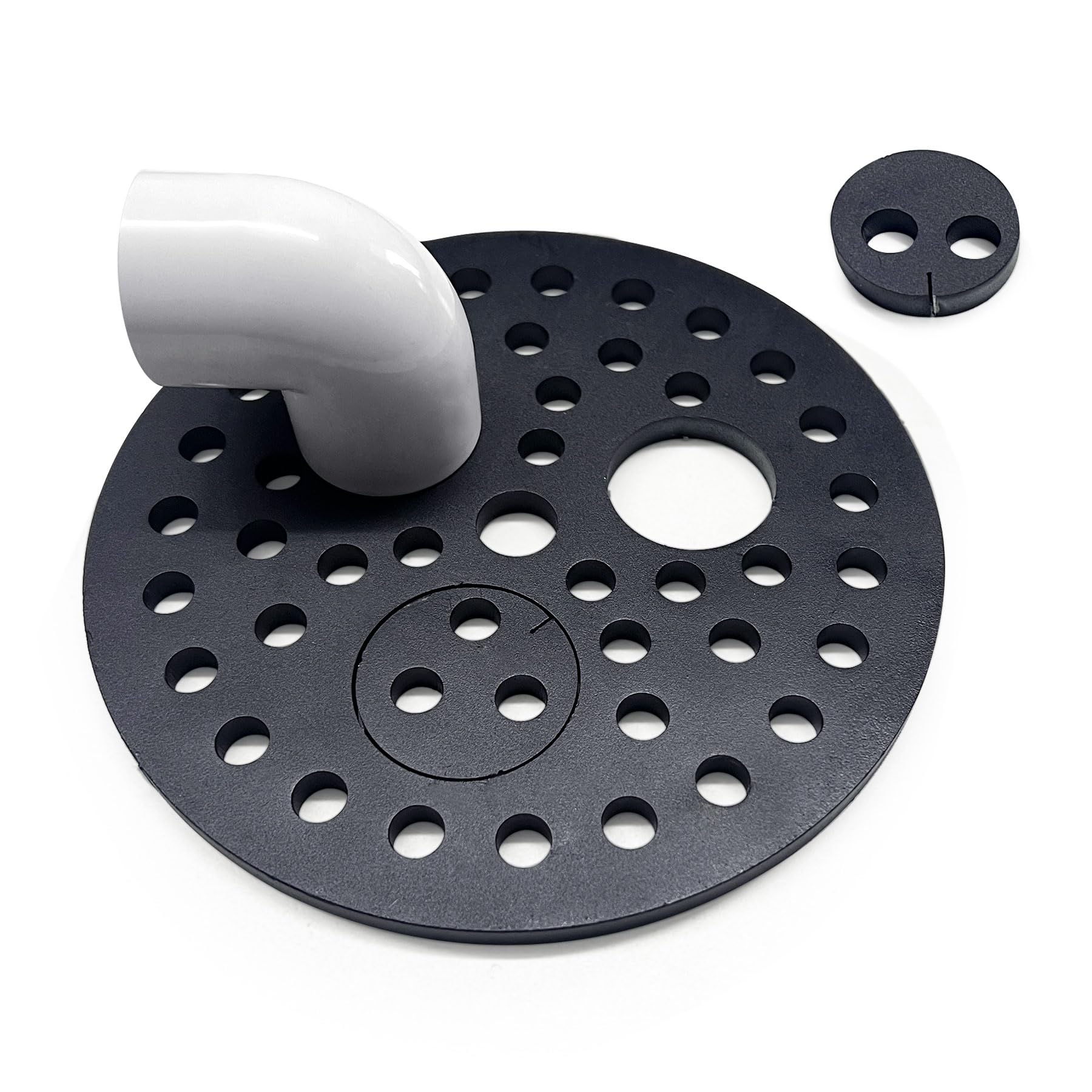 Baudelun drain cover with integrated ports showing versatile connections for garage drainage