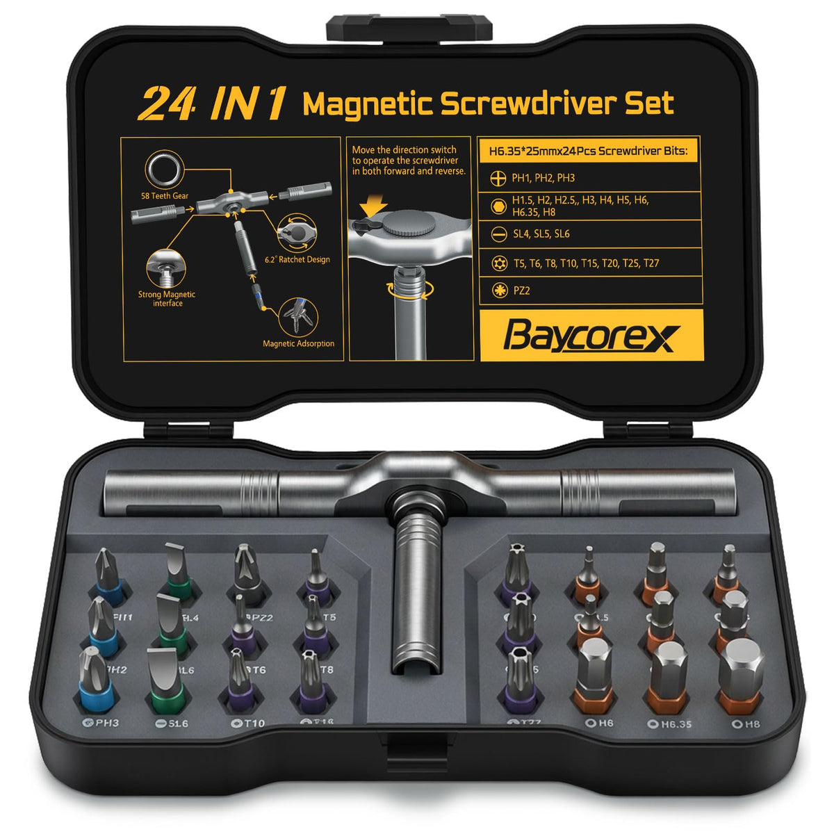 BaycoreX 24-in-1 magnetic screwdriver set for versatile home repairs and electronics.