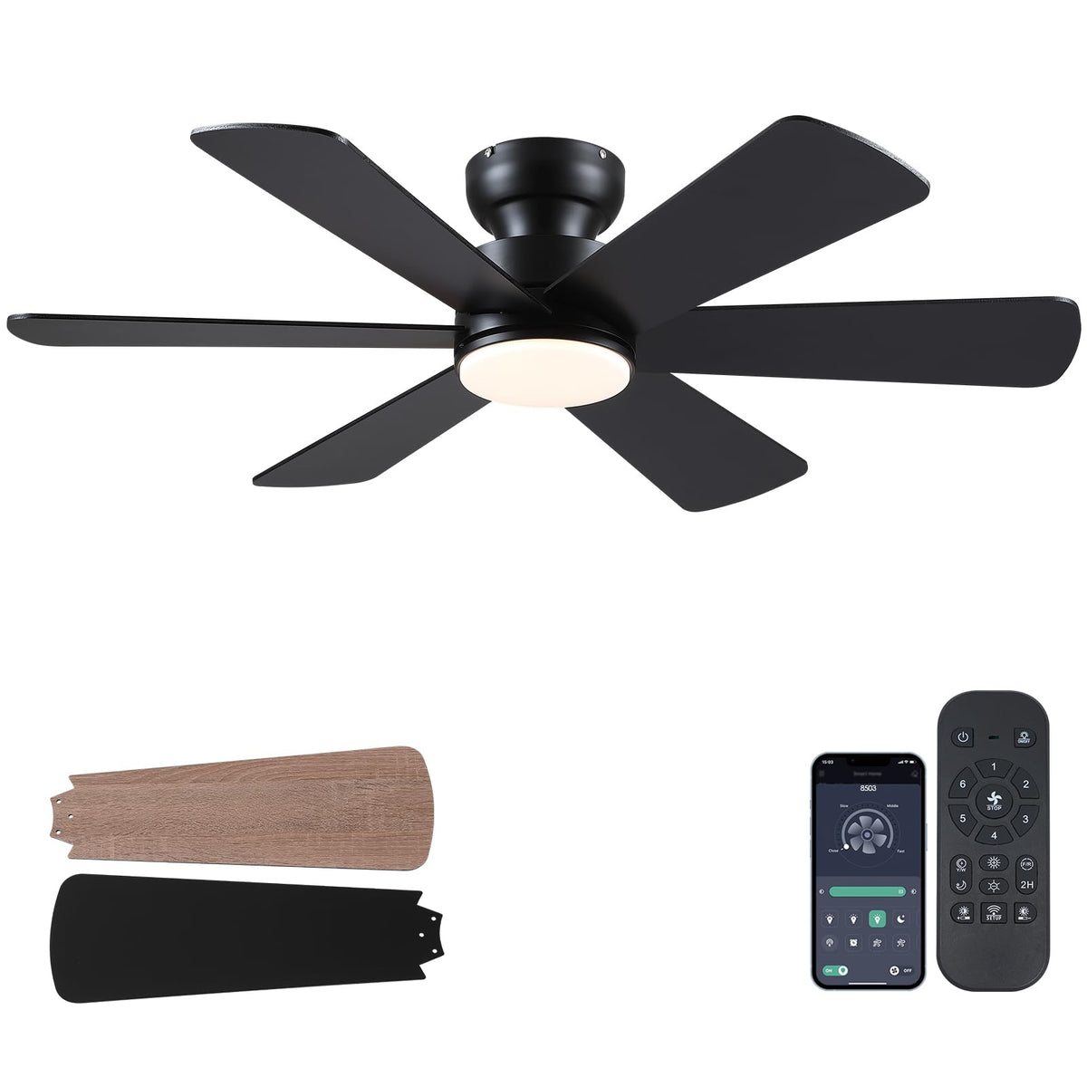 BayDay 46-inch black ceiling fan with light shown in a modern living room setup