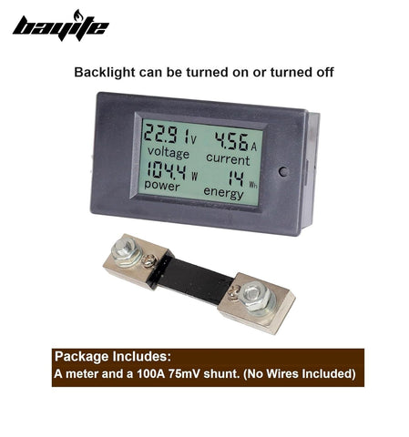 Bayite 100A current shunt enables accurate current readings for high-amperage setups.
