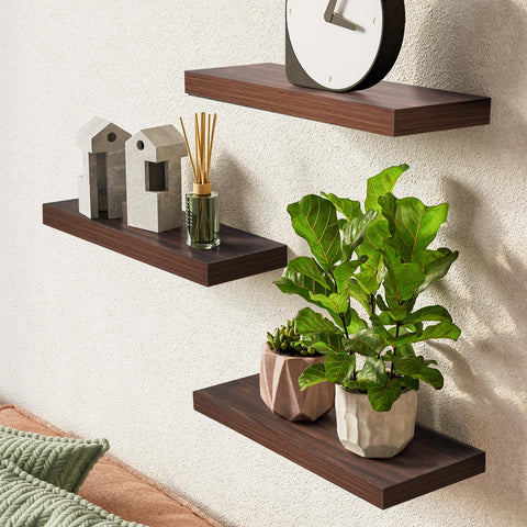BAYKA walnut wall shelf side view, great for compact bathroom storage.