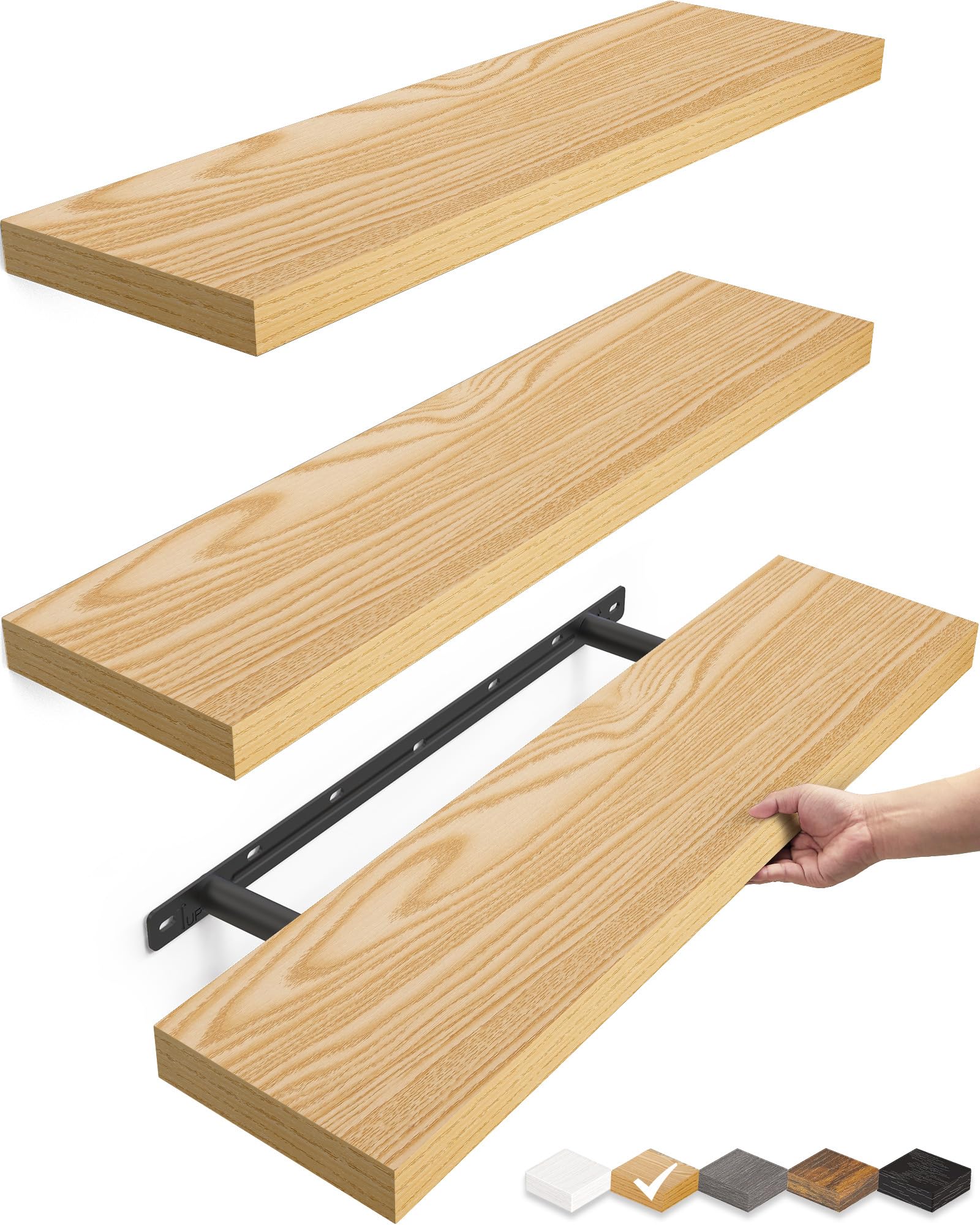 Bayka floating shelves show 22.5-inch length for organized display.