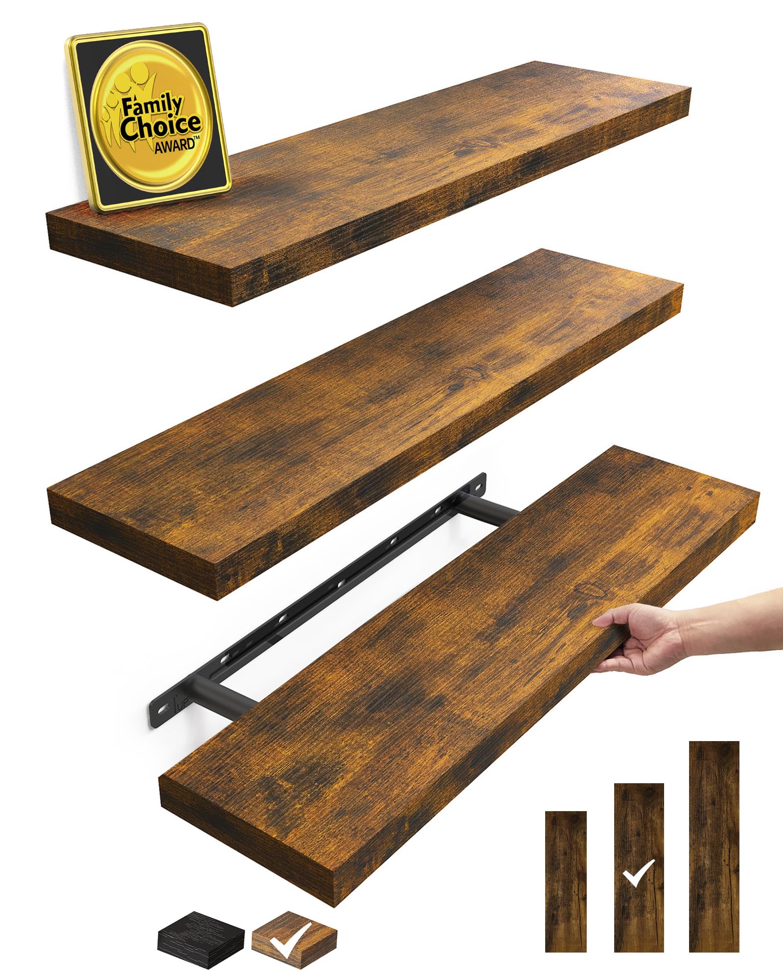 Bayka floating shelves set of 3 in rustic brown, ideal for books and decor