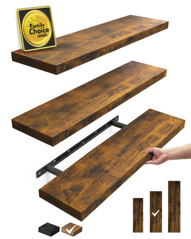 Bayka floating shelves set of 3 in rustic brown, ideal for books and decor