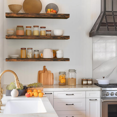 Close-up of BAYKA wood texture on rustic shelves for warm décor
