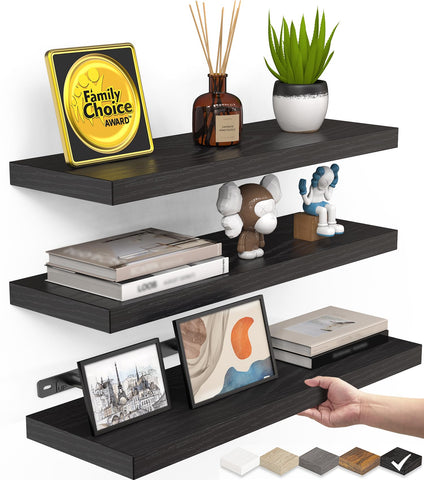 BAYKA floating shelves wall set of 3 in rustic black finish, ideal for decor display.