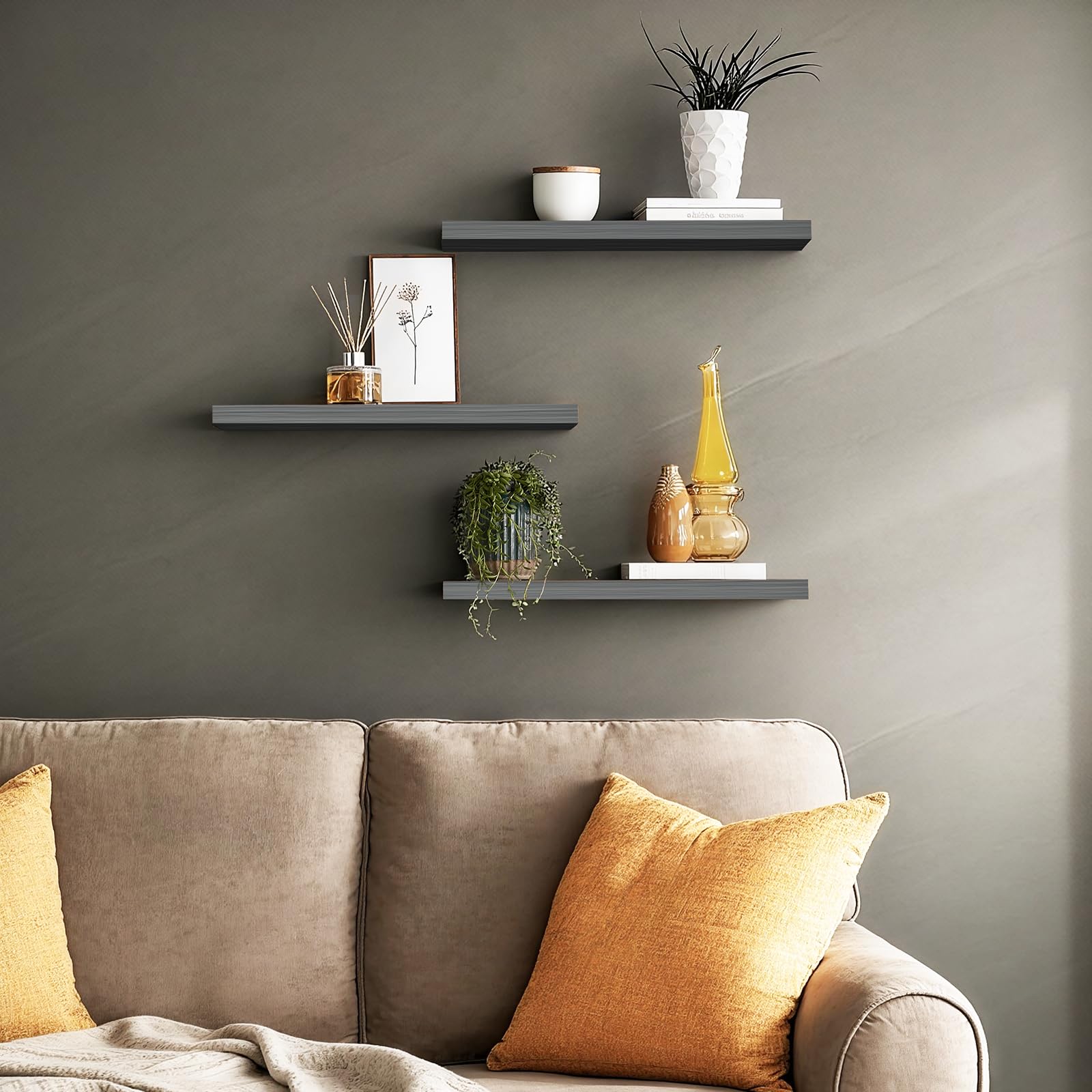 BayKA wall-mounted rustic wood shelves in bathroom holding towels and toiletries