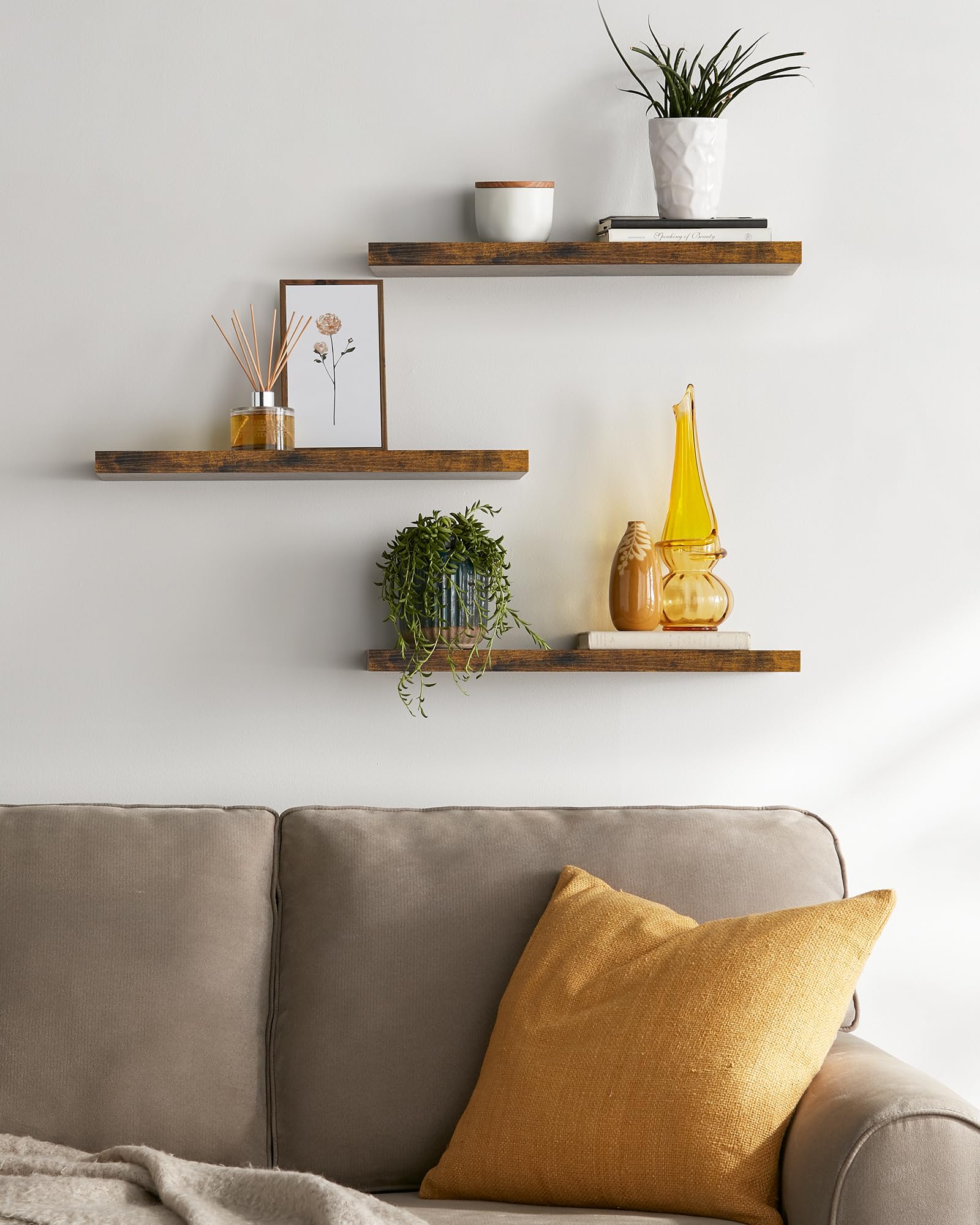 Bayka wall-mounted rustic shelves enhance living room storage and style