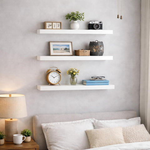 BAYKA wall-mounted wooden shelves with brackets for sturdy display.
