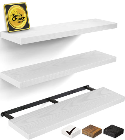 Bayka white floating shelves, 36-inch set, mounted on wall for display and organization