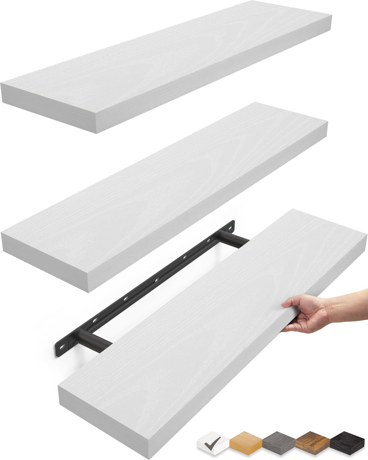 BAYKA white floating shelves on wall, trio set for books and decor.