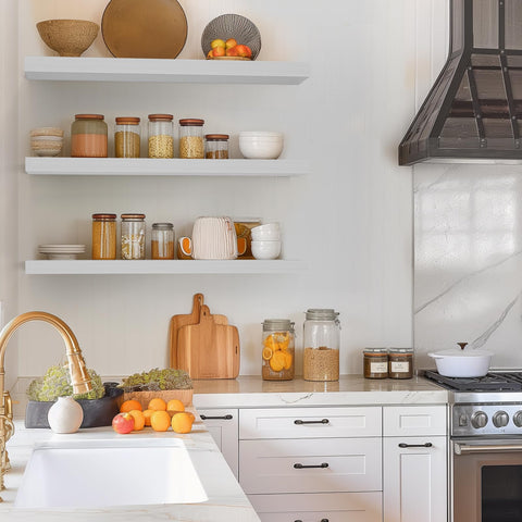 Close-up of Bayka rustic white wood finish on floating shelves