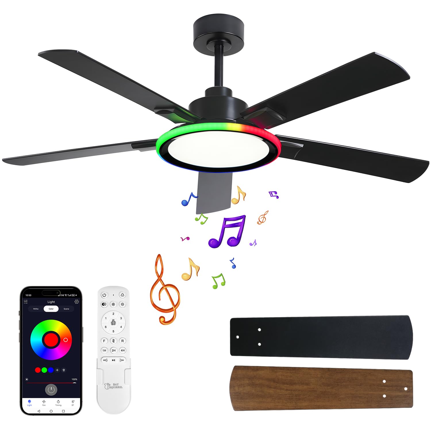 BAYSQUIRREL 52-inch ceiling fan with light—sleek profile and strong airflow.