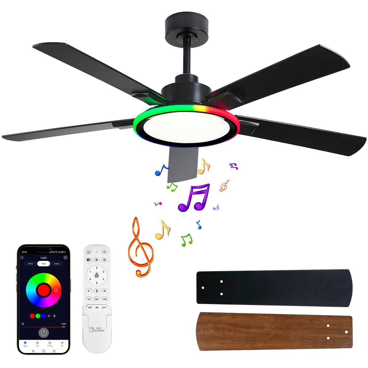 BAYSQUIRREL 52-inch ceiling fan with light—sleek profile and strong airflow.