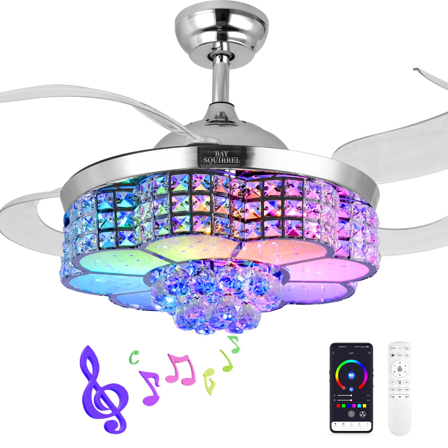 BAYSQUIRREL retractable crystal ceiling fan with elegant light