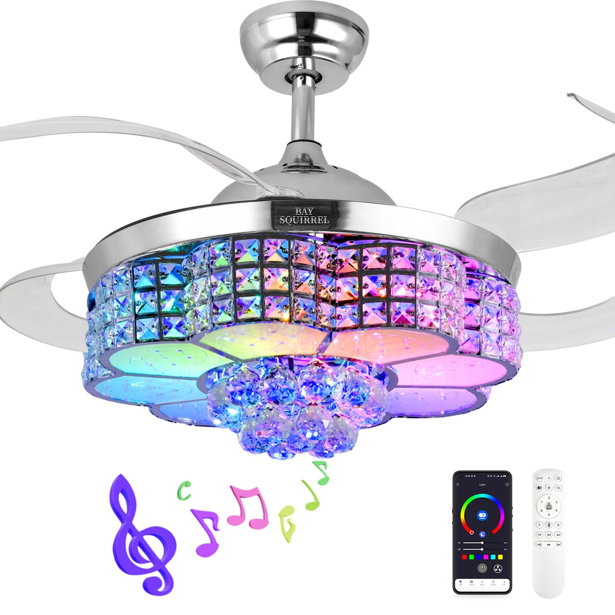 BAYSQUIRREL retractable crystal ceiling fan with elegant light