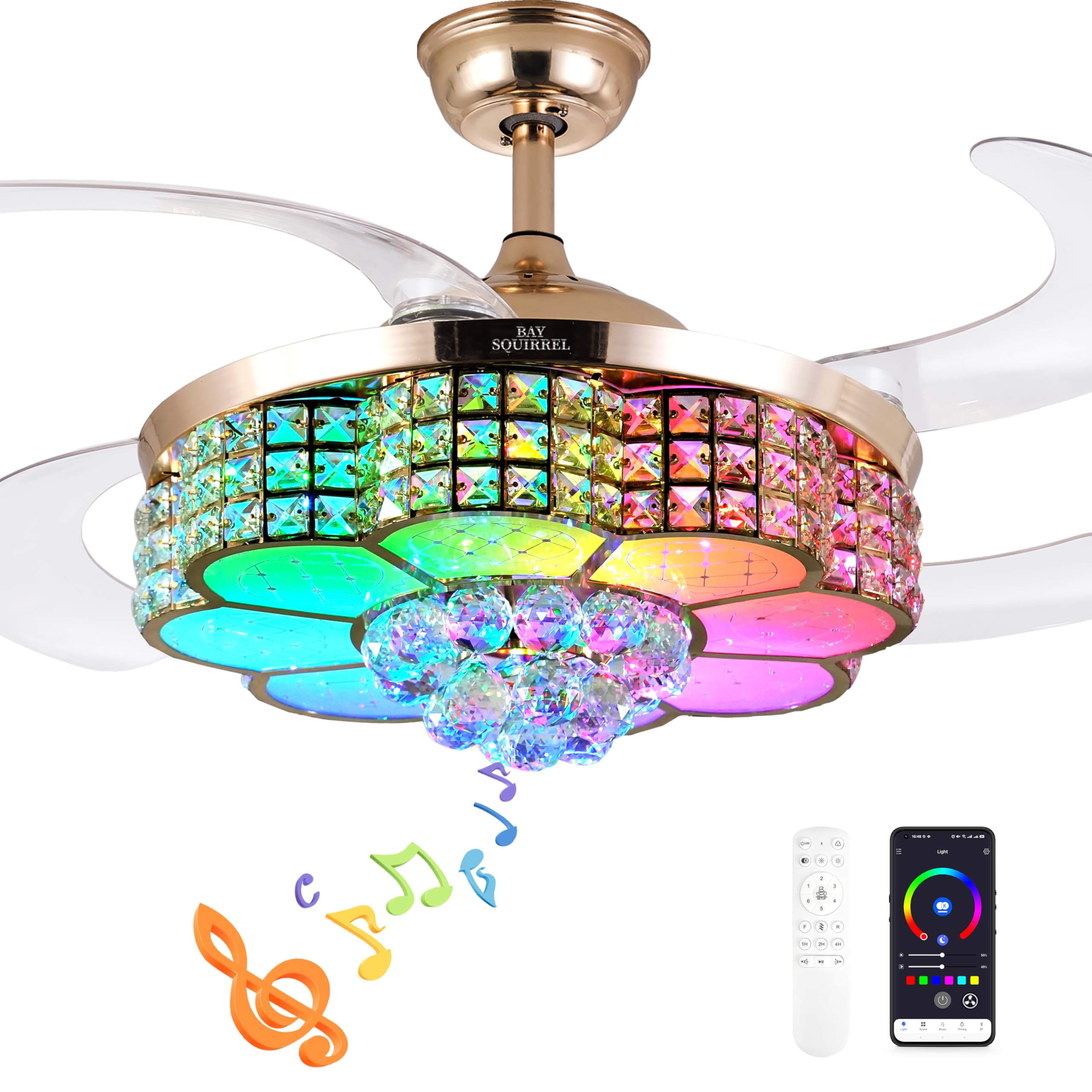BAYSQUIRREL retractable crystal ceiling fan with light enhances modern living room ambiance.