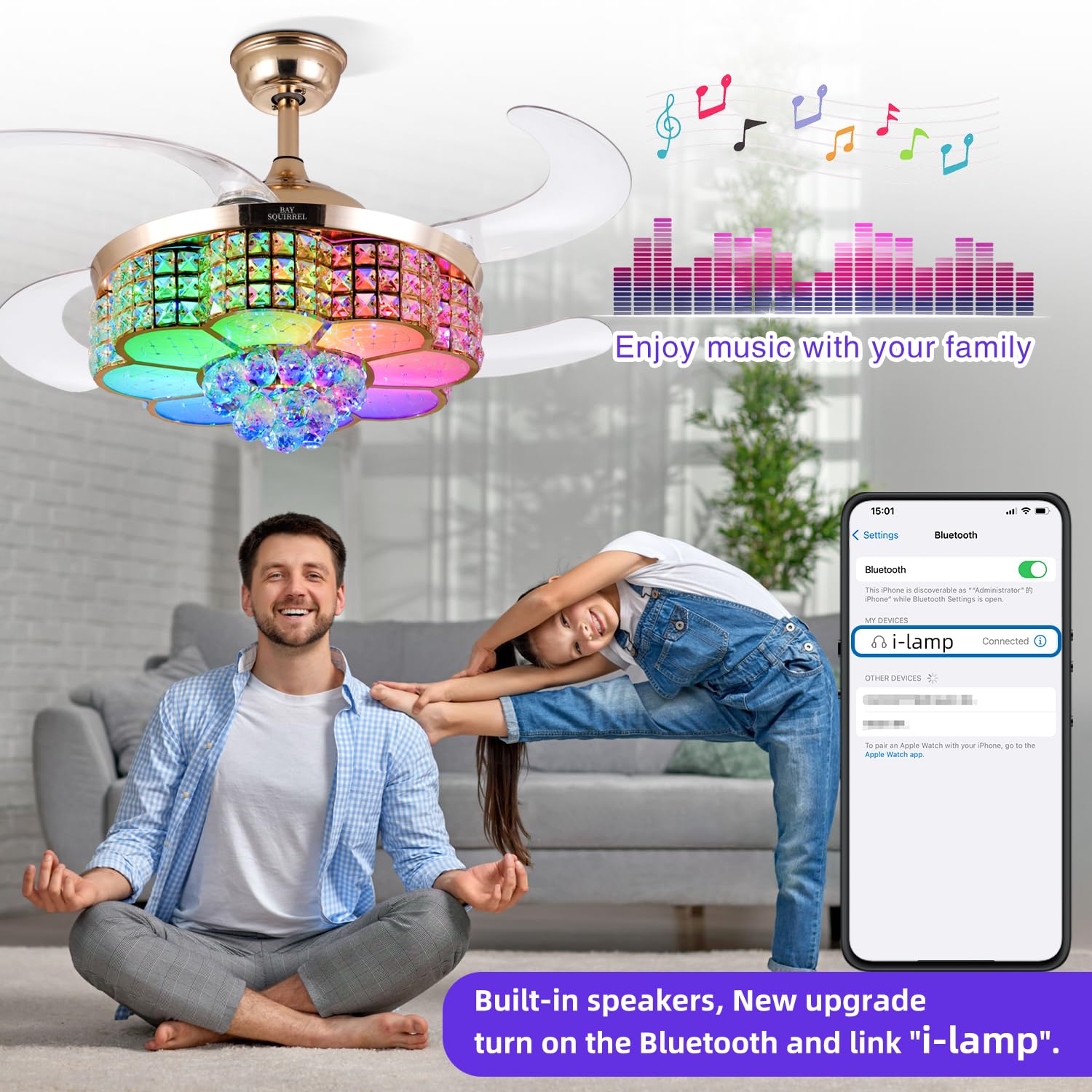 BAYSQUIRREL RGB LED lighting offers versatile mood settings for gatherings.