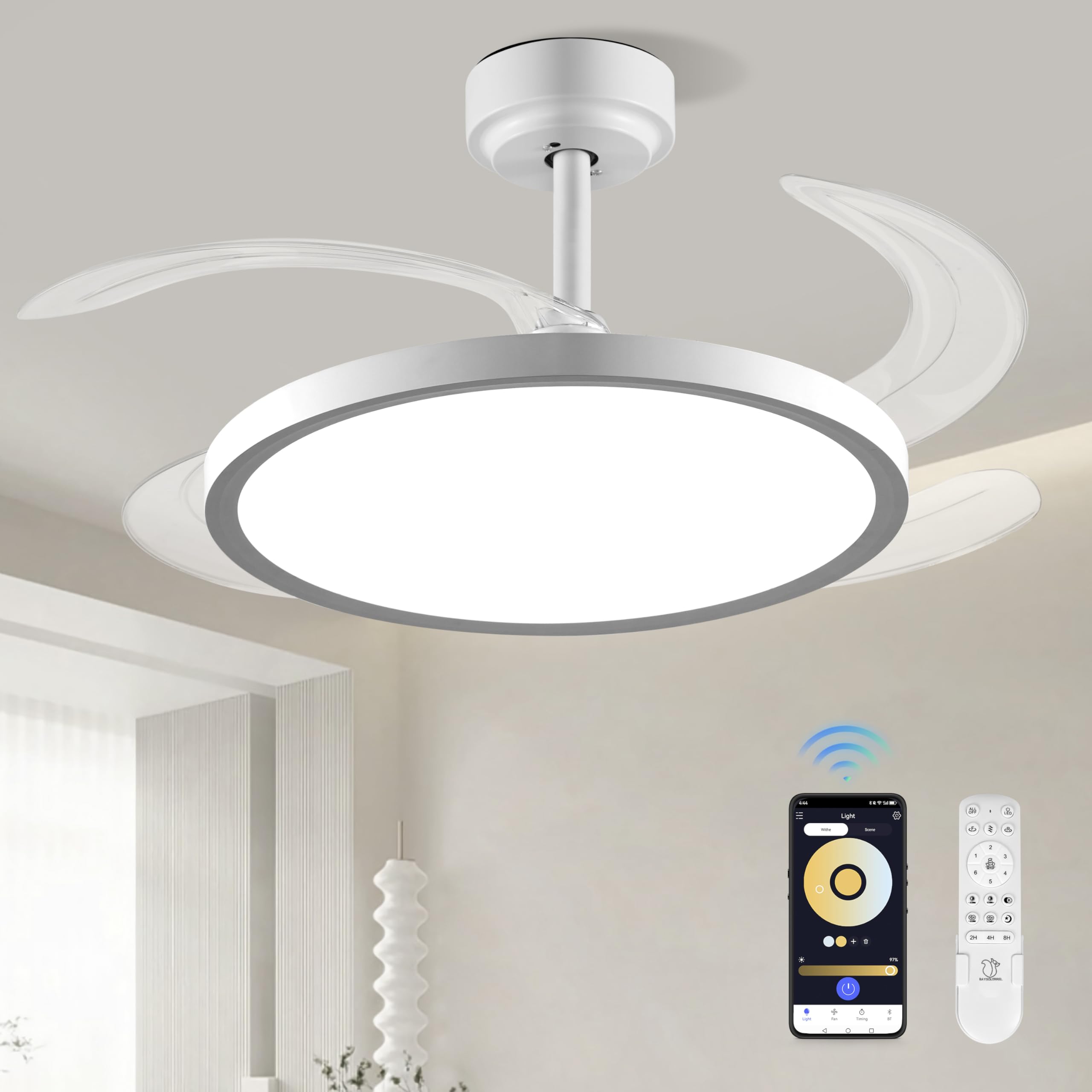 Baysquirrel Slim retractable ceiling fan with light, front view, quiet airflow for bedrooms.