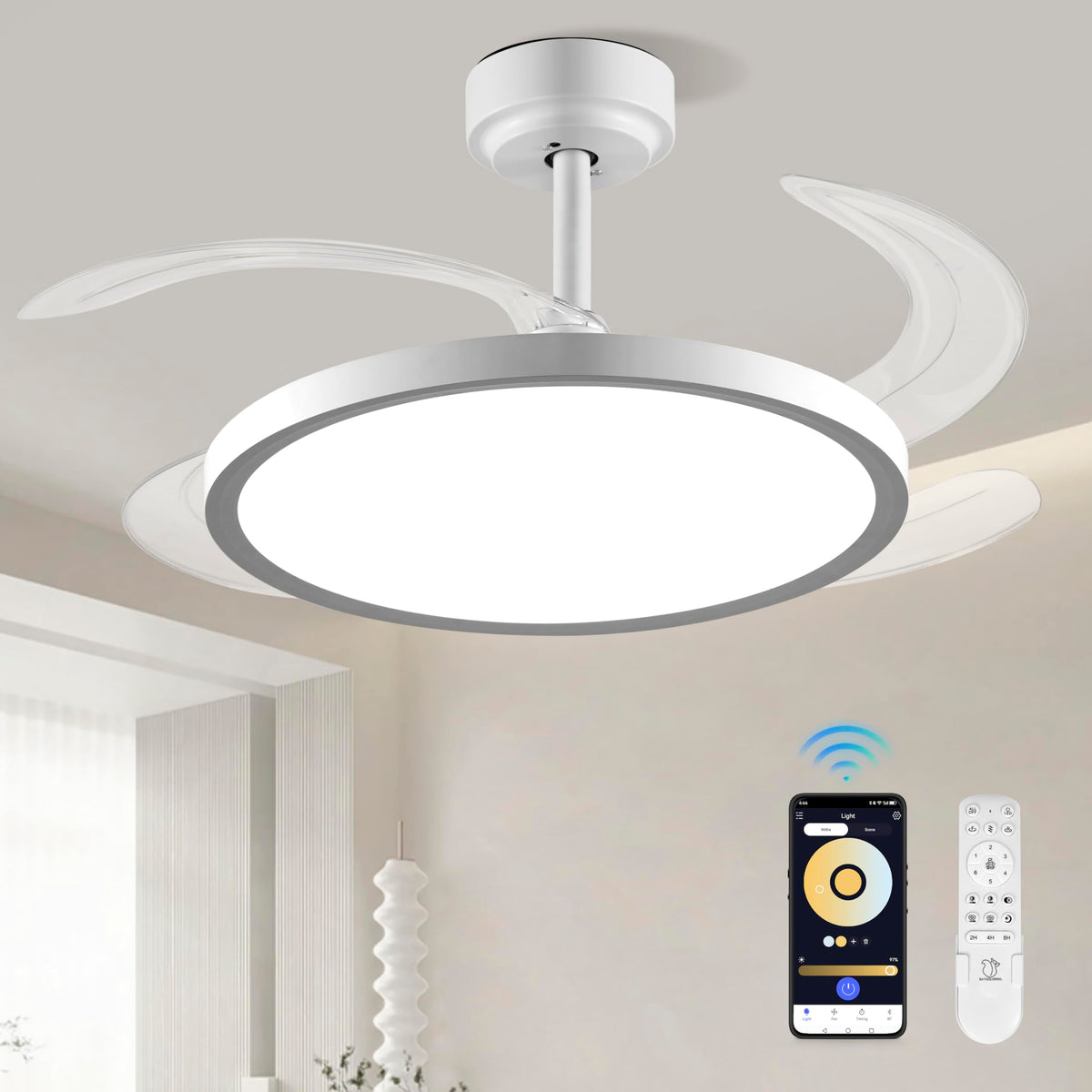 Baysquirrel Slim retractable ceiling fan with light, front view, quiet airflow for bedrooms.