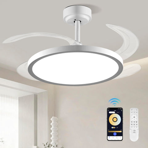 Baysquirrel Slim retractable ceiling fan with light, front view, quiet airflow for bedrooms.